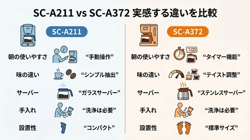 タイマー機能の有無、ガラスサーバーとステンレスサーバーの保温性の違いを比較した実用イメージ画像。