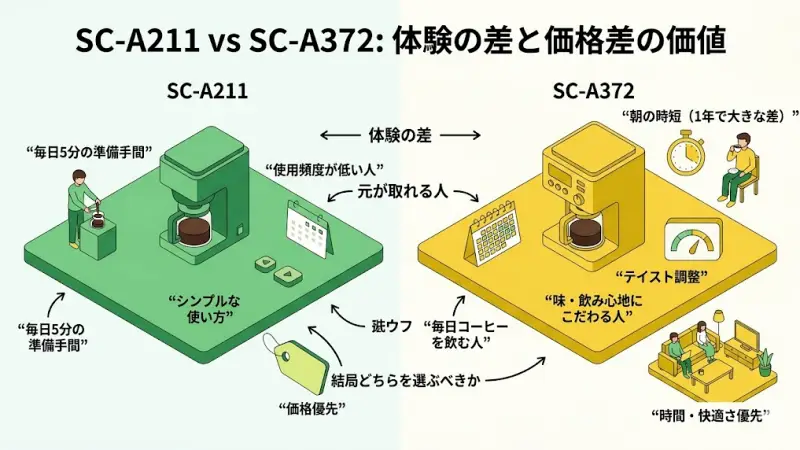 価格差がもたらす「朝の5分の余裕」と「自分好みの味」という体験価値の差を表現したインフォグラフィック。