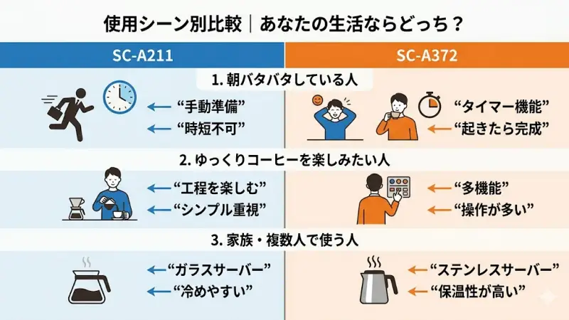 忙しい朝のタイマー活用シーンと、ゆったりした休日に手動で淹れるシーンのライフスタイル比較画像。