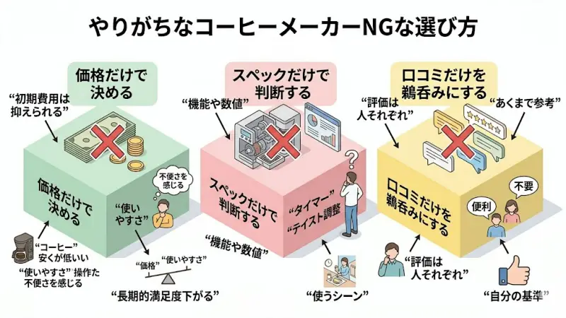 「価格のみ」「スペックのみ」「口コミのみ」で判断して失敗する典型的なNG例のチェックリスト画像。
