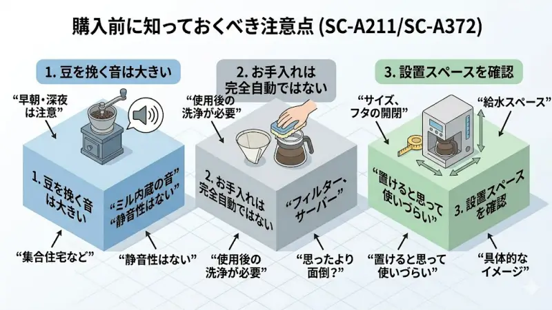 ミルの動作音、使用後のお手入れの必要性、設置に必要なスペースを注意喚起するアイコン付き画像。