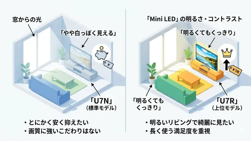 U7RとU7Nの数万円の価格差が妥当か、Mini LEDの有無による満足度の違いを解説するイメージ図