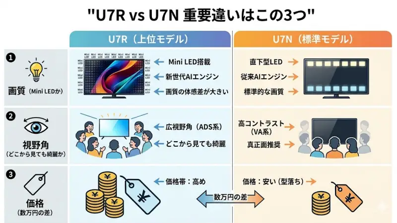 U7R（Mini LED）とU7N（直下型LED）の主要スペックとバックライト方式の違いをまとめた比較表