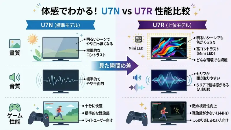 明るいリビングでのU7RとU7Nの視認性の違い、およびPS5接続時のゲーム体験の差を示す比較イメージ