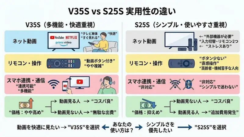 V35Sのリモコンにあるネット動画ダイレクトボタンと操作画面のイメージ