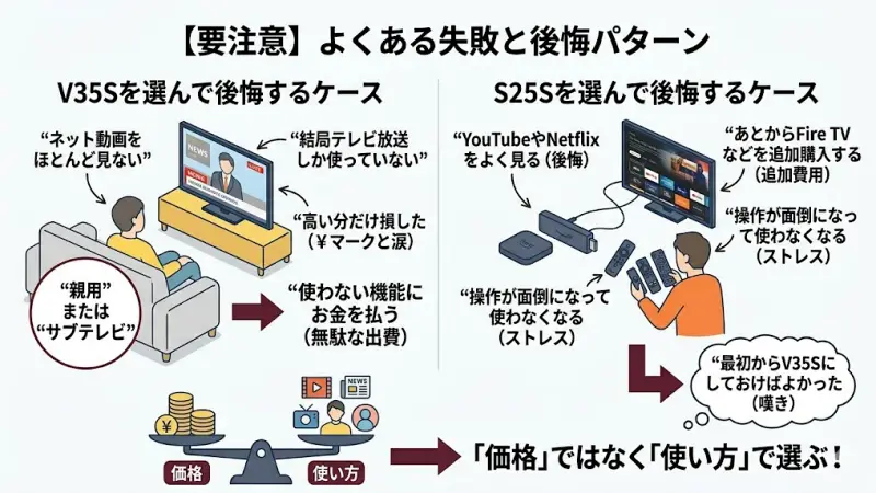 テレビ購入後にネット動画が見れず後悔する人と、機能を持て余す人の対比図解