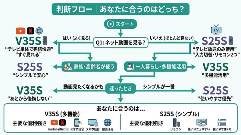 「ネット動画を見るか」を起点としたV35SとS25Sの選び方判断フローチャート