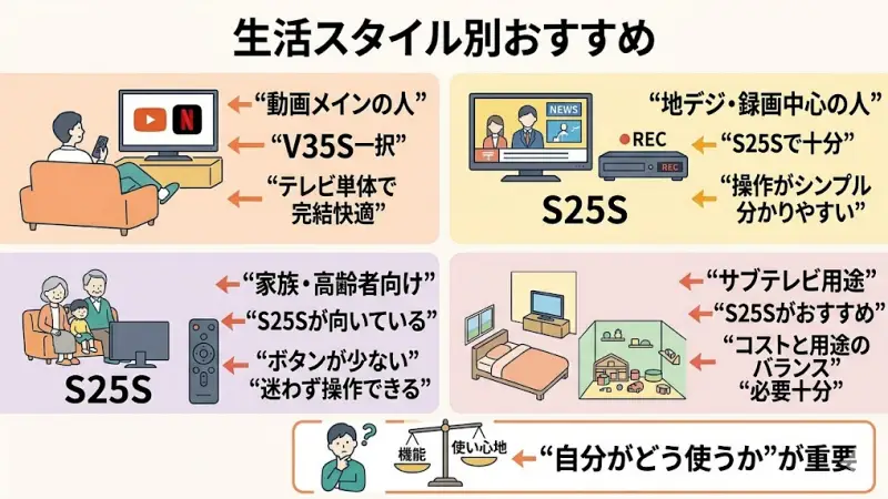 リビングで家族とテレビ放送を楽しむシーンと自室で動画配信サービスを楽しむシーンの比較
