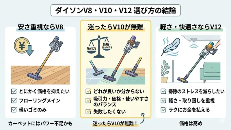 ダイソンV8・V10・V12の3モデルを並べた比較一覧と、自分に合うモデルを選ぶための結論をまとめたイメージ画像