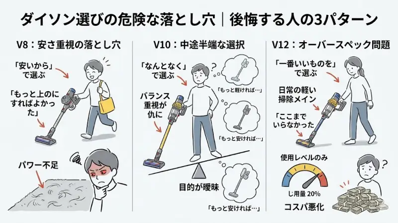 ダイソンの掃除機選びで失敗・後悔しやすい人の特徴と、購入前に知っておくべき注意点を解説する警告イメージ