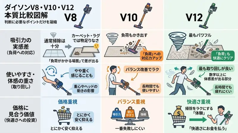 ダイソンV8、V10、V12の吸引力・重さ・価格の3つの重要ポイントを比較したわかりやすい図解画像