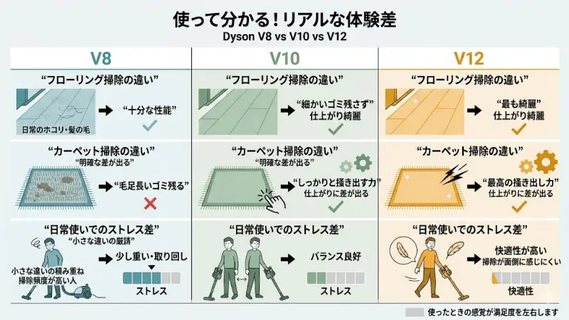 フローリングやカーペット、段差など、日常生活でダイソンを実際に使用した際の使い心地を比較したシーン