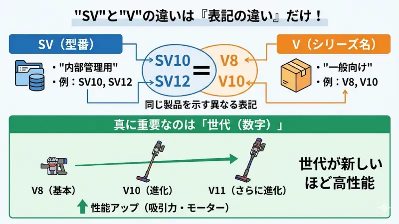 ダイソンのSV（型番）とV（シリーズ名）が同じ製品であることを示す比較解説図
