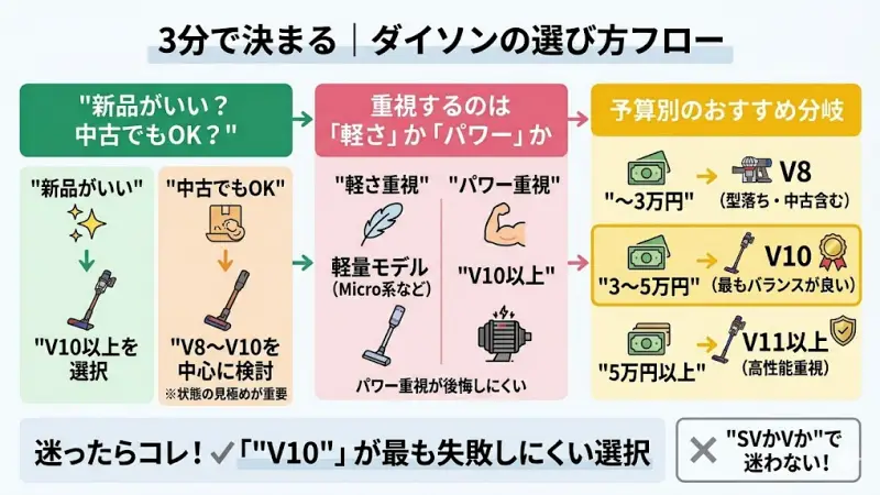 自分に合ったダイソンが3分でわかる、予算と目的別のモデル選び方フローチャート