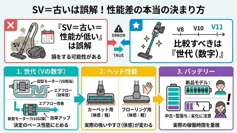ダイソンの性能がSV表記ではなくVの世代（モーター進化）で決まることを示す図解