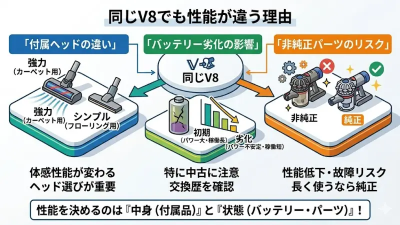 同じダイソンV8でも付属ヘッドやバッテリー状態で掃除性能が変わる理由の解説画像