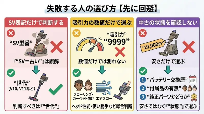 ダイソン選びで失敗しないためのチェックポイント（バッテリー・純正パーツ）の解説図