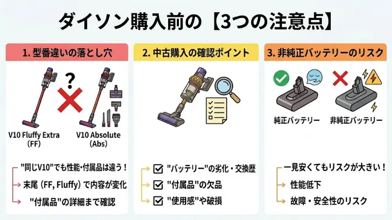 ダイソン購入前に確認すべき付属品（Fluffy等）と非純正バッテリーのリスク注意図