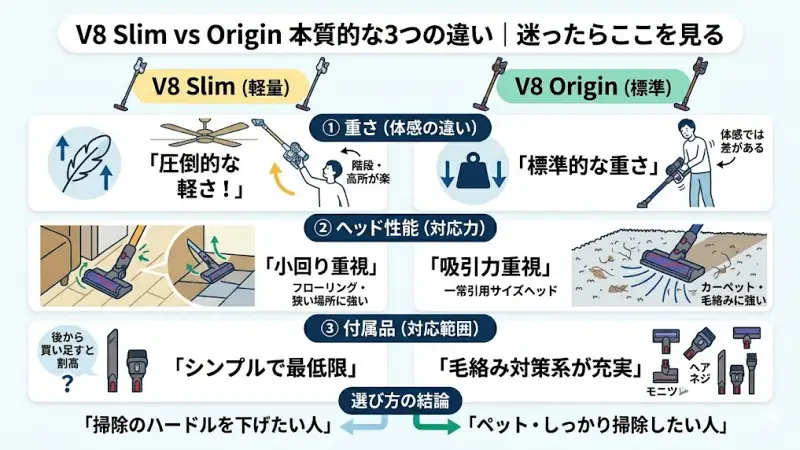 重さ・ヘッド性能・付属品の3つの違いを比較したインフォグラフィック。