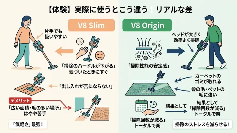 階段でV8 Slimを使い、カーペットでV8 Originを使用している掃除シーンの比較写真。
