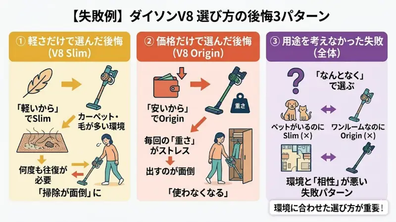 掃除機の重さに困る様子や、カーペットのゴミが取れず悩む人のイラスト。