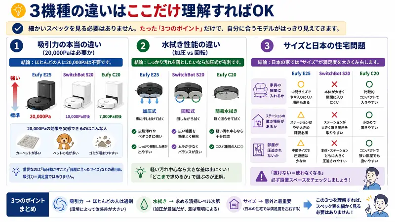 ロボット掃除機3機種の違いを「吸引力・水拭き性能・サイズ」の3つのポイントで比較した図解。Eufy E25、C20、SwitchBot S20の違いをシンプルに理解できる内容。