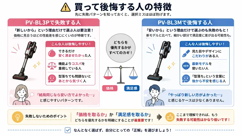 PV-BL3PとPV-BL3Mで後悔する人の特徴を比較した図解。新しさ重視で選んで後悔するケースと、安さ重視で選んで後悔するケースを左右で整理し、「価格」と「満足感」のどちらを優先すべきかを解説している。