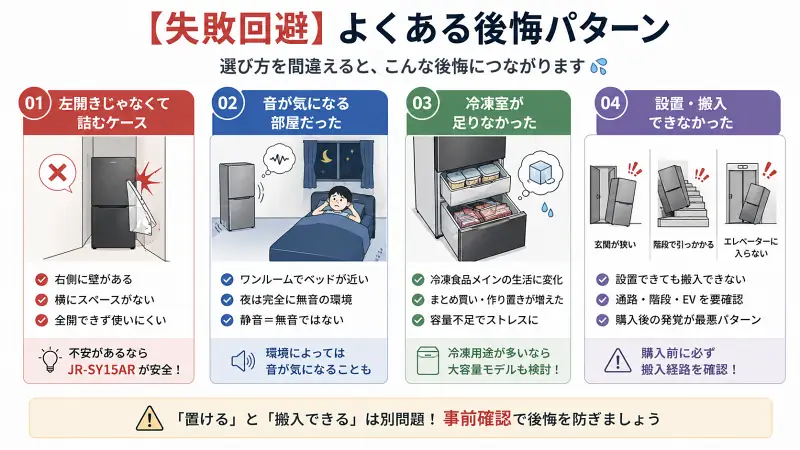 冷蔵庫選びの失敗パターンを4つ紹介した図。左開きでなくドアが壁に当たるケース、静音でも音が気になる環境、冷凍室容量不足、搬入できない問題を解説し、事前確認の重要性を示している。