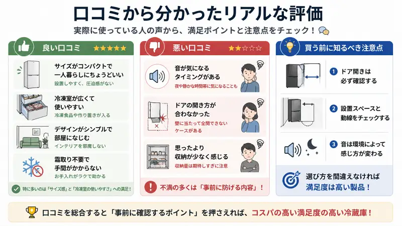 冷蔵庫の口コミ評価をまとめた図。良い口コミはコンパクトさ・冷凍室の使いやすさ・シンプルなデザイン・霜取り不要。不満は音のタイミングやドアの開き方、収納量。購入前はドア開き・設置スペース・音環境の確認が重要で、選び方次第で満足度が高いことを示している。