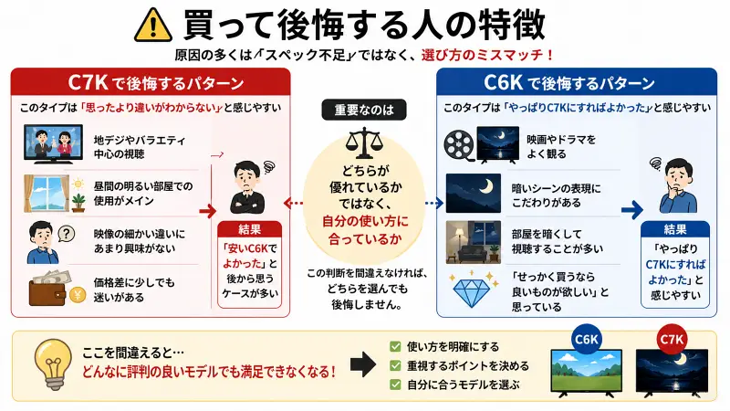 C6KとC7Kで後悔する人の特徴を比較した図解。明るい部屋や地デジ中心ならC7Kは違いを感じにくく後悔しやすく、映画や暗室視聴ではC6Kだと物足りなさを感じやすいことを示し、選び方はスペックではなく使い方が重要と解説している。