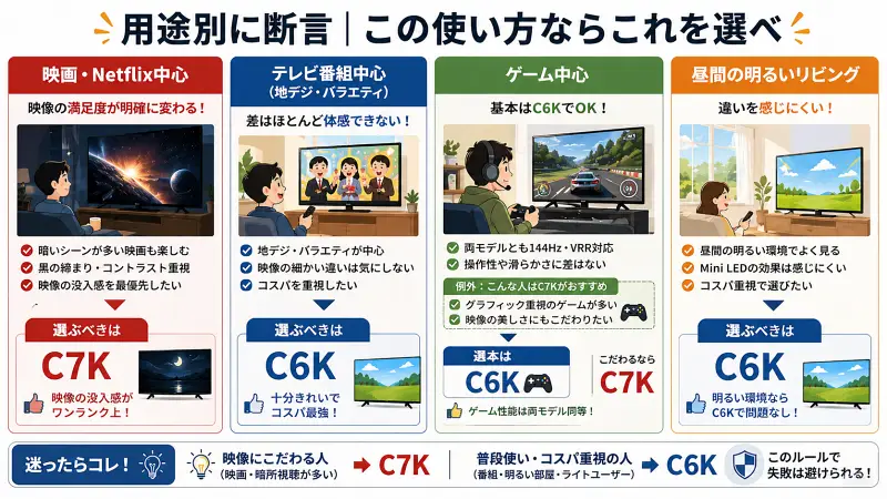 用途別にC6KとC7Kのどちらを選ぶべきかを示した図解。映画やNetflix中心ならC7K、テレビ番組や明るい部屋での視聴はC6K、ゲームは基本C6Kでグラフィック重視ならC7Kと、使い方ごとに最適な選択を分かりやすくまとめている。