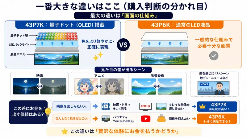 43P7Kと43P6Kの画面構造の違いを比較した図解。左は量子ドット（QLED）で色が鮮やかで正確、右は通常LEDで一般的な画質。映画・アニメ・風景では差が出やすく、ニュースなどでは差が出にくいことも示されている。最終的に「映像を楽しむ人は43P7K、普段使いなら43P6K」と選び方がまとめられている。