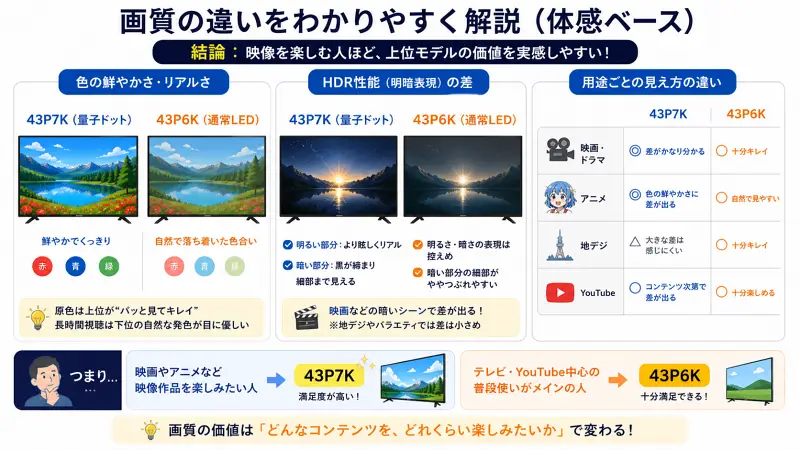 43P7Kと43P6Kの画質の体感差を比較した図解。左は色の鮮やかさで43P7Kがくっきり、43P6Kは自然な発色。中央はHDR性能で43P7Kは明暗がはっきり、43P6Kは控えめ。右は用途別で映画やアニメは差が出やすく、地デジは差が小さい。最終的に映像重視なら43P7K、普段使いなら43P6Kとまとめられている。