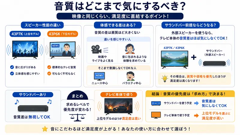 43P7Kと43P6Kの音質の違いと選び方を示した図解。上位モデルは音に広がりと立体感があり、下位モデルは標準的な音質。映画やライブでは差を感じやすいが、ニュース中心なら差は小さい。サウンドバーを使う場合は音質差は気にしなくてよく、テレビ単体なら上位モデルの満足度が高いとまとめられている。