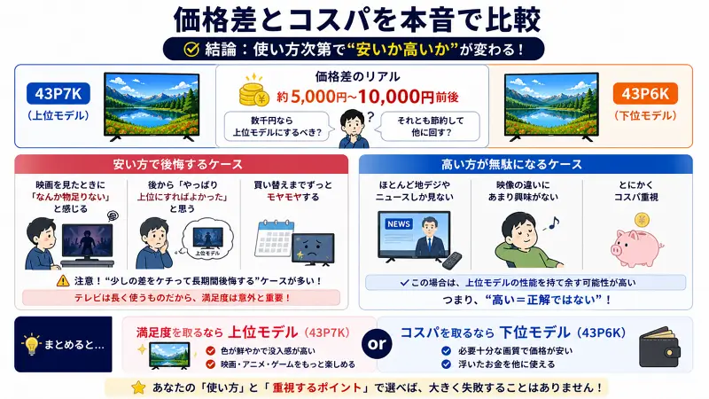 43P7Kと43P6Kの価格差とコスパを比較した図解。価格差は約5000円〜10000円。安いモデルを選ぶと後悔するケース（物足りなさ・買い直し後悔）と、高いモデルが無駄になるケース（ニュース中心・コスパ重視）を対比。最終的に満足度重視なら43P7K、コスパ重視なら43P6Kと選び方が示されている。