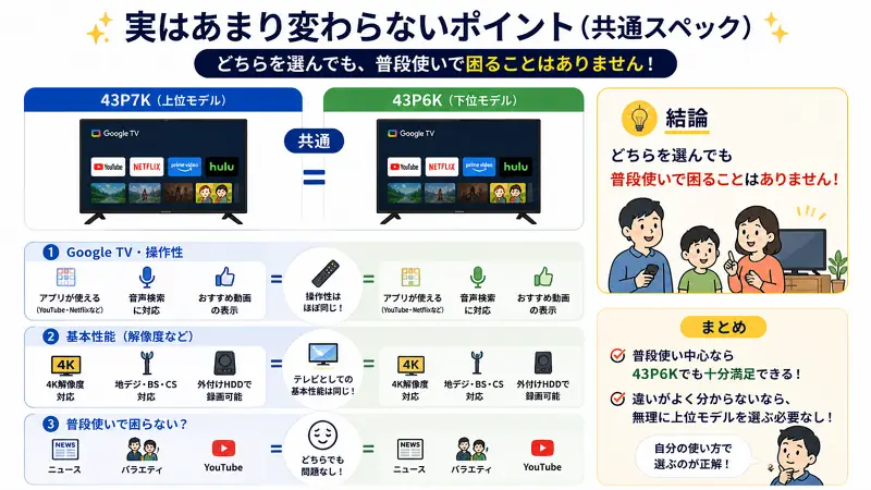 43P7Kと43P6Kの共通スペックをまとめた図解。Google TVによる操作性（アプリ・音声検索・おすすめ表示）はどちらも同じで、4K解像度やチューナー、録画機能などの基本性能も共通。ニュースやYouTubeなど普段使いではどちらを選んでも困らないことが示されている。