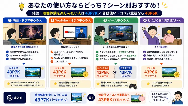 利用シーン別に43P7Kと43P6Kのおすすめを整理した図解。映画やドラマ中心なら43P7K、YouTubeや地デジ中心なら43P6K。ゲームはカジュアルなら43P6K、映像重視なら43P7K。とにかく安さ重視なら43P6K。最終的に映像体験重視かコスパ重視かで選ぶべきとまとめられている。