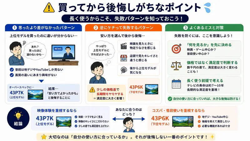 テレビ購入で後悔しがちなポイントをまとめた図解。上位モデルを買ったのに差を感じないケースと、安いモデルを選んで物足りなさを感じるケースを対比。対策として「何を見るかを決める」「満足度で判断」「長く使う前提で考える」が示され、最終的に自分の使い方に合えば後悔を防げるとまとめられている。