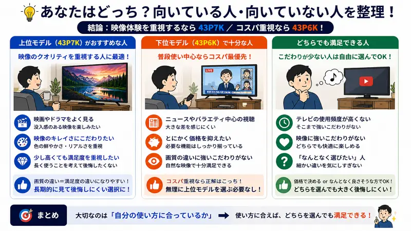 43P7Kと43P6Kの向いている人をタイプ別に整理した図解。左は上位モデル向きで映画やドラマ重視・画質にこだわる人。中央は下位モデルで十分な人でニュースやバラエティ中心・コスパ重視。右はどちらでも満足できる人で使用頻度が低くこだわりが少ないタイプ。それぞれの特徴に応じた選び方が示されている。