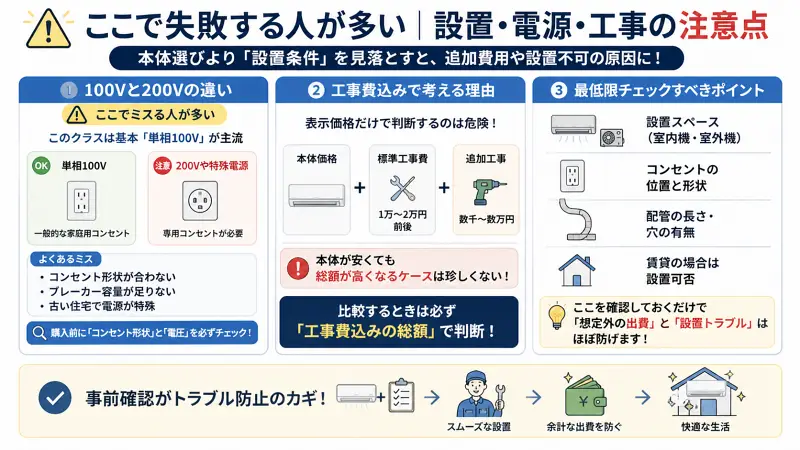 エアコン設置で失敗しやすい電源（100V・200V）や工事費、設置前チェック項目（スペース・コンセント・配管・賃貸可否）を整理し、追加費用や設置トラブルを防ぐためのポイントをまとめた図解