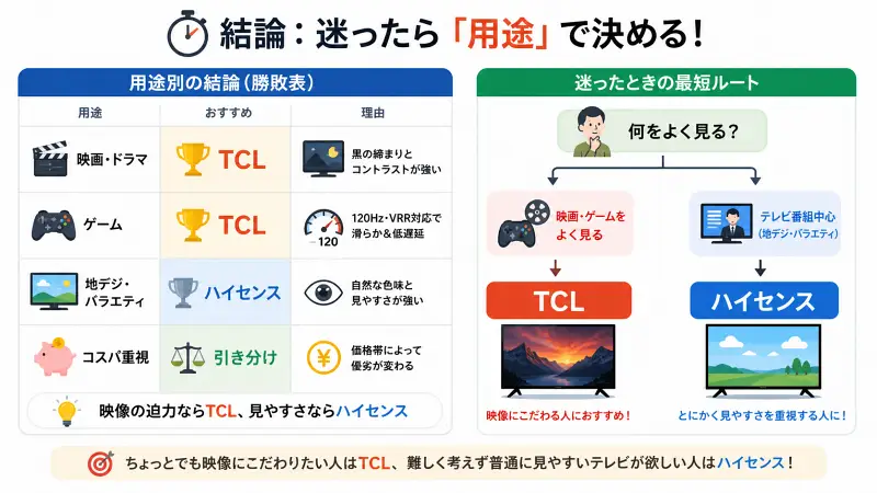 TCLとハイセンスのテレビ選びを用途別に比較した図解。映画・ゲームはTCL、地デジはハイセンス、コスパは引き分けと示し、右側に「何を見るか」で分岐する判断フロー（映画・ゲーム→TCL、テレビ番組→ハイセンス）を配置した16:9の比較インフォグラフィック。