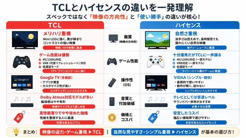 TCLとハイセンスの違いを左右比較で示した図解。TCLは「メリハリ重視・ゲーム性能・多機能」、ハイセンスは「自然さ・シンプル操作・安定コスパ」と整理し、画質・ゲーム・操作性・音質・価格の5項目で対比した16:9インフォグラフィック。