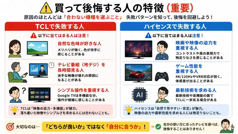 TCLとハイセンスで「買って後悔する人の特徴」を左右比較した図解。左はTCLで失敗しやすい人（自然な色味好き・地デジ中心・シンプル操作重視）、右はハイセンスで失敗しやすい人（映像の迫力重視・ゲーム重視・最新技術志向）を短いラベルで整理した16:9インフォグラフィック。
