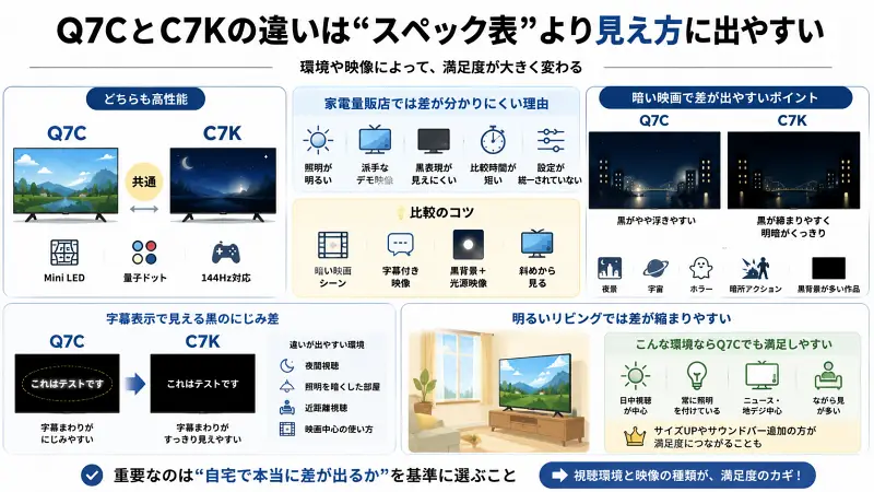 Q7CとC7Kの違いを「視聴環境」と「映像の見え方」で比較した16:9図解。店頭では差が分かりにくい理由、暗い映画や字幕表示でC7Kが有利な点、明るいリビングではQ7Cでも満足しやすい点を、イラストと短いラベルで整理した比較インフォグラフィック。