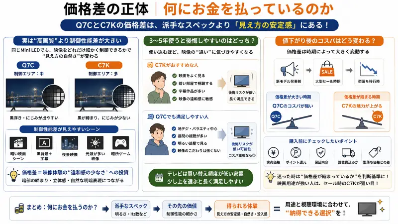 Q7CとC7Kの価格差の理由を「映像制御性能」と「見え方の安定感」で比較した16:9図解。暗い映画や字幕表示で差が出やすい点、3〜5年使用時の後悔リスク、値下がり時のコスパ変化を、イラストと短い日本語ラベルで整理した比較インフォグラフィック。