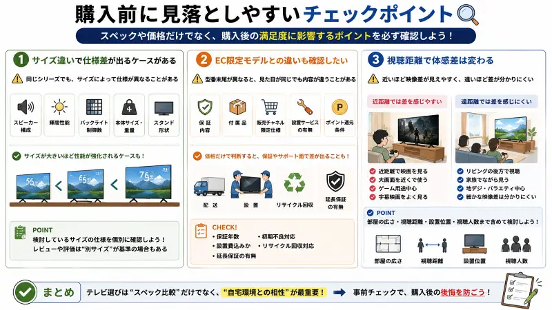 Q7CとC7K購入前に確認したい見落としポイントを整理した16:9図解。サイズ違いによる仕様差、EC限定モデルの違い、視聴距離による体感差を、アイコンと短い日本語ラベルで比較した購入チェック用インフォグラフィック。
