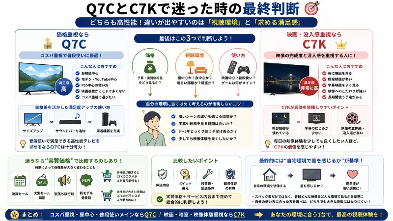 Q7CとC7Kで迷った時の最終判断を整理した16:9図解。価格重視ならQ7C、映画・没入感重視ならC7Kという選び方を中心に、視聴環境・使い方・実質価格差の考え方を、イラストと短い日本語ラベルで比較した購入判断向けインフォグラフィック。