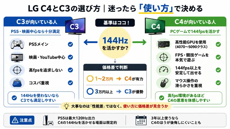 LG C3とC4の選び方を比較した16:9図解。PS5・映画中心ならC3、PCゲームで144fpsを活かすならC4がおすすめ。中央に「144Hzを活かすか？」を配置し、価格差1〜2万円ならC4、3万円以上ならC3優勢という判断基準を整理した比較インフォグラフィック。