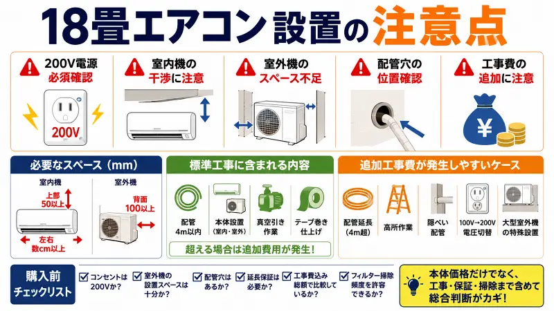 18畳用エアコンの設置注意点を図解。200V電源確認、室外機スペース、追加工事費、配管条件、購入前チェックリストを16:9バナー形式で解説。