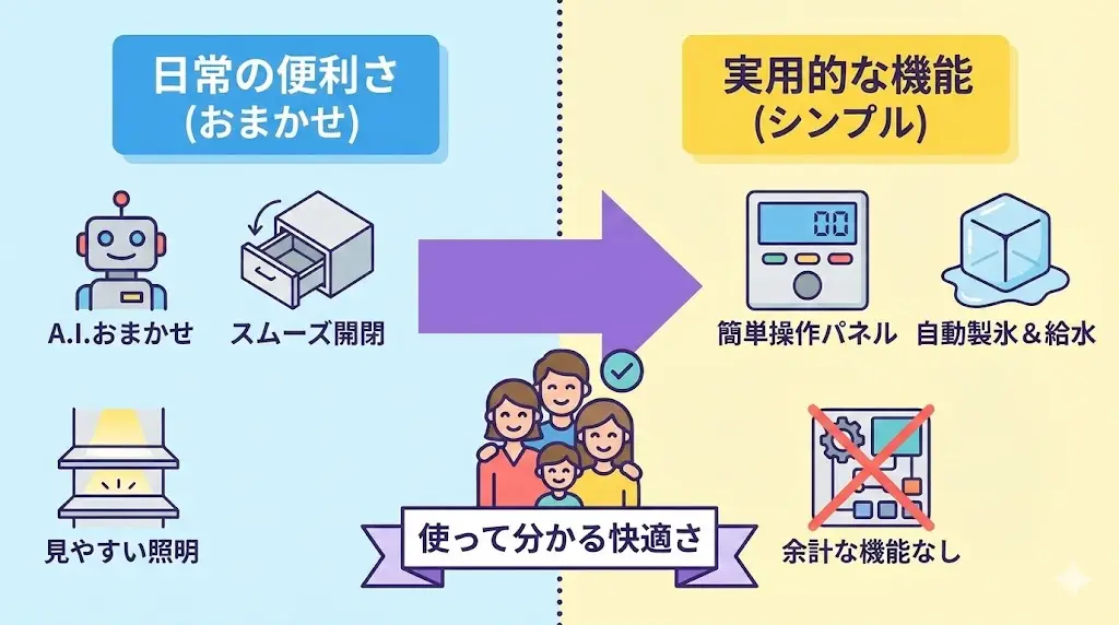 カタログを見ると魅力的な機能が並びますが、実際に大切なのは「毎日使うかどうか」です。

ここでは、MR-WXD47LM / LNの機能を日常目線で整理します。